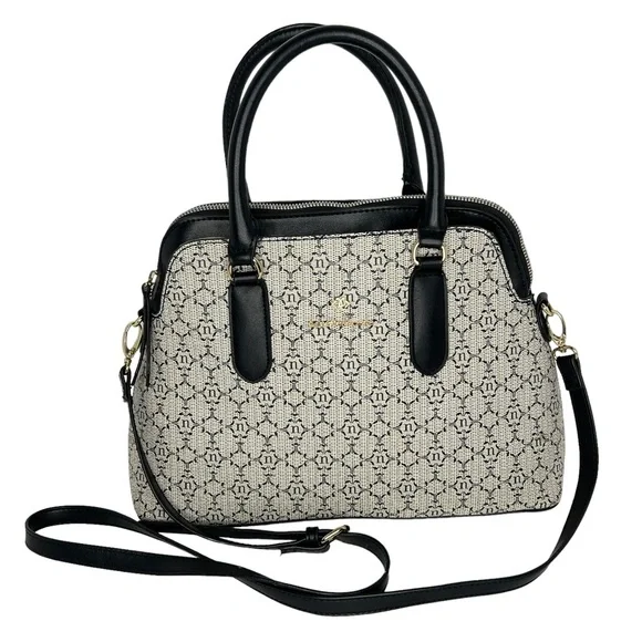 Nanette Lepore Gray Black Logo Print Zip Top Dome Satchel Crossbody Bag - Picture 5 of 13